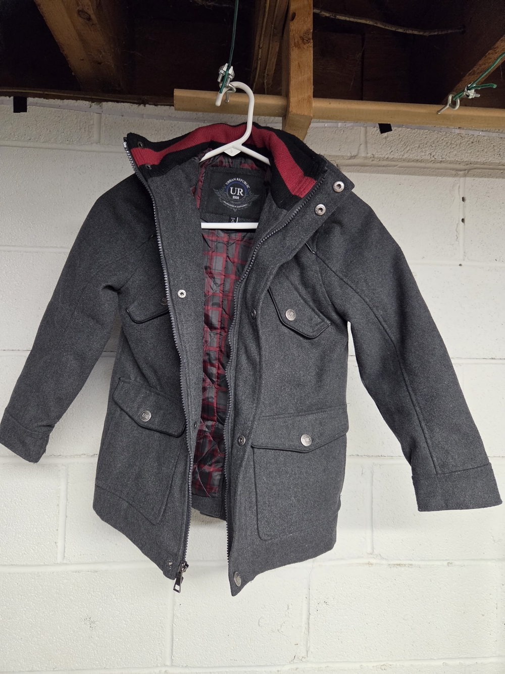 URBAN REPUBLIC Charcoal Hooded Wool Blend Coat with Red Lining